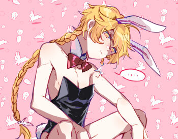 ... 1boy aether_(genshin_impact) animal_ears bare_shoulders blonde_hair bow bowtie braid braided_ponytail detached_collar earrings fake_animal_ears fake_tail genshin_impact highres jewelry kkaiju leotard long_hair looking_down male_focus male_playboy_bunny rabbit_ears rabbit_tail red_bow red_bowtie single_braid single_earring strapless strapless_leotard tail trap yellow_eyes