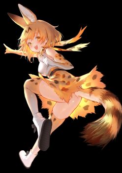 1girl absurdres akuma_(st.takuma) animal_ears animal_print arm_up ass bare_shoulders belt black_background blush bow bowtie elbow_gloves extra_ears full_body gloves high-waist_skirt highres kemono_friends looking_at_viewer medium_hair miniskirt multicolored_hair no_panties open_mouth orange_hair outstretched_arm pointing pointing_forward print_bow print_bowtie print_gloves print_scrunchie print_skirt print_thighhighs scarf scrunchie serval_(kemono_friends) shirt shirt_tucked_in shoes simple_background skirt sleeveless sleeveless_shirt smile solo striped_tail tail thighhighs white_shirt yellow_eyes