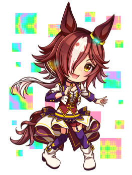 1girl animal_ears blush bodice boots breasts brown_eyes brown_hair chibi chibi_only choker collarbone commentary_request corset cropped_jacket full_body garter_straps hair_over_one_eye highres horse_ears horse_girl horse_tail jacket long_hair long_sleeves looking_at_viewer medium_breasts midriff_peek multicolored_hair navel open_mouth overskirt pendant_choker ponytail purple_choker purple_garter_straps purple_thighhighs red_corset red_shorts shirt shorts smile solo star_(symbol) starting_future_(umamusume) sugimotty_nova tail thighhighs umamusume vodka_(umamusume) white_boots white_hair white_jacket white_shirt wristband