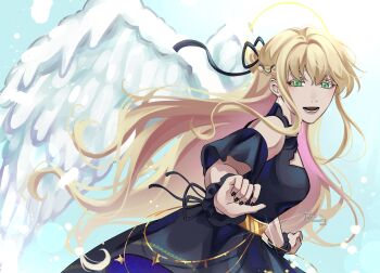 1girl :d above-cleavage_cutout absurdres black_dress blonde_hair blunt_bangs clothing_cutout cowboy_shot dress feathered_wings floating_hair green_eyes hair_ribbon halo halo_behind_head highres lens_flare long_sidelocks looking_at_viewer omniscient_reader&#039;s_viewpoint open_mouth ribbon saihachi06 shoulder_cutout sidelocks smile solo uriel_(omniscient_reader&#039;s_viewpoint) white_wings wind wings wrist_cuffs