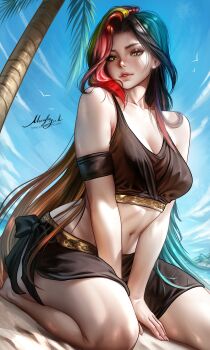 1girl absurdres bikini black_hair blonde_hair breasts cleavage commentary commission highres kneeling lips long_hair looking_at_viewer medium_breasts moonlen-jack multicolored_hair navel original palm_tree red_hair sarong signature solo swimsuit tree watermark web_address yellow_eyes