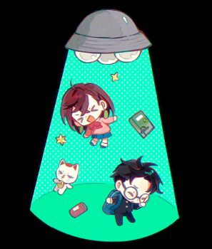 >_< 1boy 1girl abduction ayase_momo backpack bag bell black_hair black_jacket black_pants blue_skirt book bow bowtie brown_hair cat chibi chibi_only closed_eyes commentary dandadan earrings full_body gakuran glasses jacket jewelry medium_hair miniskirt neck_bell open_mouth pants pink_sweater pleated_skirt red_bow red_bowtie rice_(somasuki_77) round_eyewear school_uniform short_hair skirt socks sparkle sweater symbol-only_commentary takakura_ken_(dandadan) tractor_beam turbo_granny_(dandadan) ufo white_socks