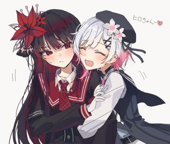 2girls :d arm_hug beret black_hair black_hat blush clinging closed_eyes closed_mouth commentary_request flower gradient_hair hair_flower hair_ornament hano9789 hat highres korean_commentary long_hair long_sleeves looking_at_another mahou_shoujo_no_majo_saiban multicolored_hair multiple_girls necktie nikaido_hiro open_mouth pink_hair pushing_away red_eyes red_flower red_necktie sakuraba_ema short_hair simple_background smile sweatdrop upper_body white_background white_flower white_hair x_hair_ornament