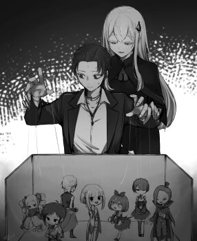 4boys 5girls @_@ absurdres alternate_hairstyle alternate_universe beatrice_(re:zero) black_hair bow cape crying dark_persona dress drill_hair echidna_(re:zero) emilia_(re:zero) empty_eyes expressionless from_behind garfiel_tinsel hair_bow hair_over_one_eye hands_on_another&#039;s_wrists hat highres long_hair looking_at_viewer lugnica_knight_uniform mini_hat multiple_boys multiple_girls natsuki_subaru petra_leyte puppet_strings raised_collar ram_(re:zero) re:zero_kara_hajimeru_isekai_seikatsu re_taisho94 reinhard_van_astrea roswaal_l._mathers roswaal_mansion_maid_uniform short_hair very_long_hair white_dress white_hair