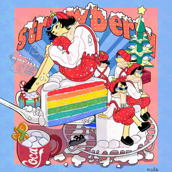 5girls absurdres artist_name black_hair black_shoes blue_border border cake cake_slice christmas christmas_tree clone commentary cup english_commentary eyewear_on_head food food-themed_clothes fruit gingerbread_man hat highres hugging_own_legs layer_cake looking_at_viewer mako_3121 mug multiple_girls on_food original rainbow_cake red_hat red_shorts scarf shoes shorts signature single_shoe sitting strawberry strawberry_hat sunglasses suspender_shorts suspenders