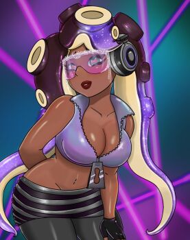 1girl bare_shoulders black_hair breasts cleavage crop_top dark-skinned_female dark_skin goggles headphones large_breasts lips marina_(off_the_hook_outfit)_(splatoon) marina_(splatoon) nintendo octoling pantyhose purple_hair shorts sleeveless splatoon_(series) twintails whipmyhair white_hair wide_hips