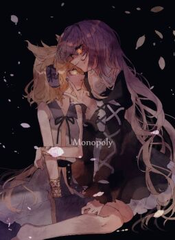 2girls belt black_background black_belt black_dress blonde_hair closed_mouth commentary_request dress earmuffs english_text fingernails full_body gradient_hair hijiri_byakuren long_hair looking_at_another multicolored_hair multiple_girls neck_ribbon one-hour_drawing_challenge open_mouth pointy_hair purple_hair purple_nails purple_skirt ribbon shinjitsu_no_kuchi shirt short_hair skirt sleeveless sleeveless_shirt smile touhou toyosatomimi_no_miko yellow_eyes yuri