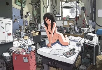 1girl absurdly_detailed_composition android bad_anatomy black_hair book camera chair desk drawer female_focus lamp loaded_interior long_hair machine nude original room solo sukabu tools uncensored whiteboard window