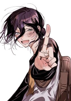 1girl backpack bag black_sleeves blush brown_bag busuttt chainsaw_man commentary_request ear_blush green_eyes hair_between_eyes hair_bun hand_blush highres looking_at_viewer medium_hair messy_hair open_mouth pointing print_shirt purple_hair reze_(chainsaw_man) shirt smile solo updo white_background