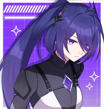 1girl acheron_(ambush)_(honkai:_star_rail) acheron_(honkai:_star_rail) alternate_costume alternate_hairstyle black_bodysuit bodysuit border commentary english_commentary frown gradient_background grid_background hair_over_one_eye highres honkai:_star_rail honkai_(series) looking_at_viewer mumikansou ponytail purple_background purple_eyes purple_hair shirt solo sparkle upper_body white_border white_shirt