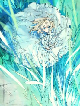 1girl antenna_hair artoria_pendragon_(fate) blonde_hair blue_eyes bow bowtie day dress fate/stay_night fate_(series) floating_hair frilled_dress frills grass hair_between_eyes highres juliet_sleeves long_dress long_sleeves looking_at_viewer looking_up outdoors puffy_long_sleeves puffy_sleeves ribbon saber_(fate) shadow short_hair sidelocks sksk_sn09 solo standing teeth white_bow white_bowtie white_dress white_ribbon