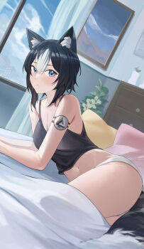 1girl absurdres animal_ear_fluff animal_ears arm_tattoo black_hair commission crop_top highres indoors ko_winters looking_at_viewer morning multicolored_hair original panties streaked_hair tail tattoo under_covers underwear white_hair white_panties wolf_ears wolf_girl wolf_tail zaq_(zaqsta)