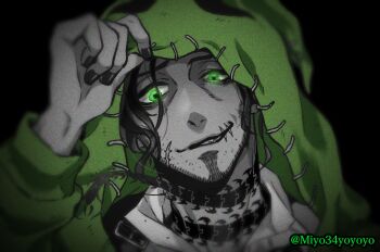 1boy beard black_background black_nails bug centipede chinstrap_beard collared_shirt colored_skin facial_hair green_eyes green_jacket grey_skin hood hooded_jacket jacket male_focus mature_male miyo34yoyoyo neck_tattoo portrait shirt simple_background smirk solo swing_(twisted_wonderland) tattoo twisted_wonderland watermark white_shirt