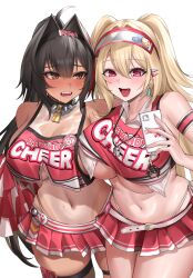 Rule 34 | 2girls, absurdres, ahoge, bare shoulders, bay (nikke), belt, black hair, blonde hair, blush, breasts, brown eyes, cellphone charm, charm (object), cheerleader, clay (nikke), cleavage, clothes writing, english text, goddess of victory: nikke, hair intakes, hair ornament, hairclip, highres, holding, holding phone, huge breasts, kurone rinka, large breasts, long hair, looking at another, looking at viewer, mole, mole on stomach, mole under mouth, multiple girls, nail polish, navel, open mouth, phone, pleated skirt, ponytail, red eyes, red shirt, red skirt, see-through, see-through cleavage, shirt, simple background, skirt, smile, star (symbol), sweat, tan, tanline, teeth, thighs, underboob, upper teeth only, very long hair, visor cap, whistle, whistle around neck, white background, white belt