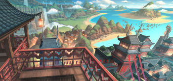 architecture cloud commentary_request day east_asian_architecture highres island landscape lantern lattice nagi_itsuki no_humans outdoors pixiv_fantasia pixiv_fantasia_age_of_starlight railing scenery water waterfall