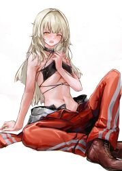 Rule 34 | 1girl, absurdres, arm support, blonde hair, blush, boots, breasts, brown footwear, commentary, commentary request, cross-laced footwear, embarrassed, girls&#039; frontline, girls&#039; frontline neural cloud, highres, lithographica, long hair, looking at viewer, navel, open mouth, orange eyes, orange pants, pants, shale (neural cloud), simple background, sitting, solo, stomach, striped clothes, striped pants, sweat, vertical-striped clothes, vertical-striped pants, white background