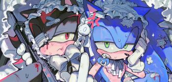 baby_bottle bandage_over_one_eye bandages bib blood bottle bow bruise frills gun half-closed_eyes highres holding holding_gun holding_weapon injury middle_finger pacifier ribbon safety_pin shadow_the_hedgehog sonic_(series) sonic_the_hedgehog sweat weapon xxxxx0099e
