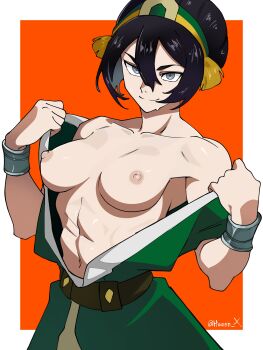 1girl abs armpits artist_name avatar:_aang_the_last_airbender avatar_legends bare_shoulders black_hair border bracelet breasts commentary english_commentary green_hairband grey_eyes haennx hair_between_eyes hair_bun hairband highres jewelry light_smile medium_breasts muscular muscular_female navel night nipples red_background sidelocks simple_background single_hair_bun solo sweatdrop toph_beifong twitter_username two-tone_background undressing upper_body white_border