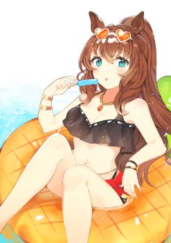 Rule 34 | 1girl, absurdres, animal ears, bare shoulders, bikini, black bikini, blush, bracelet, breasts, brown-tinted eyewear, brown hair, cleavage, commentary request, eyewear on head, food, heart, heart-shaped eyewear, highres, holding, holding food, holding popsicle, horse ears, horse girl, horse tail, innertube, jewelry, large breasts, long hair, looking at viewer, maruzensky (hot summer night) (umamusume), maruzensky (umamusume), melting popsicle, navel, necklace, official alternate costume, orange-tinted eyewear, ponytail, popsicle, rin (yukameiko), ruffle bikini, solo, stomach, sunglasses, swim ring, swimsuit, tail, tinted eyewear, tongue, tongue out, umamusume, white-framed eyewear