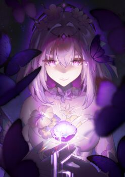 Rule 34 | 1girl, absurdres, bare shoulders, breasts, bug, butterfly, castorice (honkai: star rail), chinese commentary, closed mouth, commentary request, dress, flower, gloves, glowing, hair between eyes, hair ornament, highres, honkai: star rail, honkai (series), insect, long hair, looking at viewer, pink eyes, purple eyes, purple hair, smile, solo, ten young pigeons, upper body, white dress