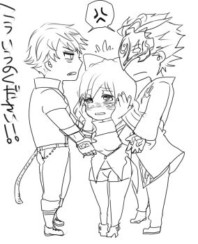 1girl 2boys adam_taurus angry blake_belladonna blush chibi monochrome multiple_boys rwby sun_wukong_(rwby) tears