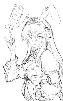 Rule 34 | 1girl, blush, breasts, cleavage, clenched hand, daiginjou, dress, female focus, frilled sleeves, frills, futaba channel, greyscale, hairband, large breasts, lolita hairband, long sleeves, looking at viewer, michael f91, monochrome, nose blush, simple background, sketch, smile, solo, upper body, white background, wide sleeves