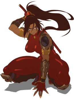 1girl absurdres arm_guards armor black_hair bodysuit breasts curtained_hair fingerless_gloves floating_hair forehead gloves hair_between_eyes high_ponytail highres holding holding_sword holding_weapon impossible_bodysuit impossible_clothes kin_machina large_breasts long_hair_between_eyes looking_to_the_side ninja parted_lips ponytail red_bodysuit sandals scabbard shade sheath shoulder_armor skin_tight sleeveless sleeveless_bodysuit solo soul_calibur squatting superhero_landing sword sword_on_back taki_(soulcalibur) teeth tight_clothes unsheathing weapon weapon_on_back white_background