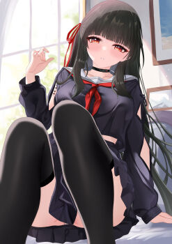 1girl absurdres arm_cutout arm_support black_choker black_hair black_serafuku black_shirt black_skirt black_thighhighs blunt_bangs blush breasts cg_xiao_baishu chinese_commentary chisa_(wuthering_waves) choker clothing_cutout commentary_request hair_ribbon hand_up highres indoors knees_up large_breasts long_hair looking_at_viewer neckerchief orange_eyes panties panty_peek parted_lips partial_commentary red_neckerchief red_ribbon ribbon sailor_collar school_uniform serafuku shirt sitting skirt solo tacet_mark_(wuthering_waves) thighhighs underwear white_sailor_collar window wuthering_waves