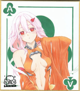 1girl ace_(playing_card) ace_of_clubs arm_behind_head artist_name bare_shoulders breasts card center_opening cleavage club_(shape) commentary_request detached_sleeves elbow_gloves fingerless_gloves gloves guilty_crown hair_between_eyes hair_ornament hairclip highres leotard long_hair looking_at_viewer marker_(medium) medium_breasts navel pink_hair playing_card red_eyes red_leotard red_sheet sarina_(tosiyukiryousuke) solo traditional_media twintails upper_body watermark yuzuriha_inori