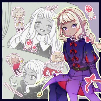 1girl 2boys androgynous braid braided_ponytail candy00985 chibi chibi_inset coin_(ornament) dark-skinned_male dark_elf dark_skin dungeon_meshi elf falin_touden falin_touden_(chimera) flute highres holding holding_instrument holding_trumpet instrument jester jester_costume long_hair long_sleeves looking_at_viewer male_focus multiple_boys multiple_views music neck_ruff playing_instrument pointy_ears puff_and_slash_sleeves puffy_sleeves purple_eyes purple_tunic short_bangs sidelocks single_braid sitting symbol-shaped_pupils thistle_(dungeon_meshi) trumpet tunic walking_mushroom_(dungeon_meshi) wavy_hair white_hair yaad_(dungeon_meshi)