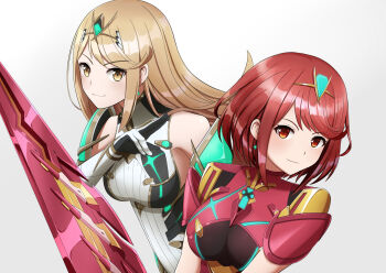 2girls aegis_sword_(xenoblade) backless_outfit bare_shoulders blonde_hair bob_cut breasts chest_jewel core_crystal_(xenoblade) dress earrings elbow_gloves floating_earrings gloves highres holding holding_sword holding_weapon impossible_clothes jewelry long_hair medium_breasts microdress multiple_girls mythra_(massive_melee)_(xenoblade) mythra_(xenoblade) neon_trim pyra_(xenoblade) red_eyes red_hair short_hair short_sleeves smile swept_bangs sword tiara upper_body very_long_hair weapon white_dress white_gloves xenoblade_chronicles_(series) xenoblade_chronicles_2 yellow_eyes yuurio-0417