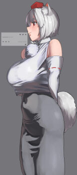 1girl absurdres animal_ear_fluff animal_ears breasts closed_mouth commentary_request cookie_(touhou) cowboy_shot crop_top detached_sleeves dress grey_background grey_dress grey_hair hat highres inu_(cookie) inubashiri_momiji large_breasts looking_afar pom_pom_(clothes) red_eyes red_hat request_inset ribbon-trimmed_sleeves ribbon_trim shirt short_hair simple_background sleeveless sleeveless_shirt smile solo standing suzuki_kenichi tail tokin_hat touhou translation_request turtleneck turtleneck_shirt white_shirt white_sleeves wolf_ears wolf_girl wolf_tail