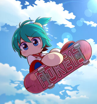 1girl asouuuu blue_sky cloud cloudy_sky commentary_request from_below hair_ornament hair_scrunchie highres jikkyou_powerful_pro_yakyuu jikkyou_powerful_pro_yakyuu_(style) midair nanashima_asami necktie no_mouth power_pro_kun_pocket power_pro_kun_pocket_13 rayman_limbs red_necktie red_sailor_collar red_shoes sailor_collar school_uniform scrunchie shirt shoes skateboarding sky solo white_shirt