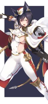 1girl animal_ears black_hair boots breasts covered_navel erune female_focus granblue_fantasy gun hat highres holster ilsa_(granblue_fantasy) large_breasts nanahara_fuyuki pants red_eyes sideboob solo weapon