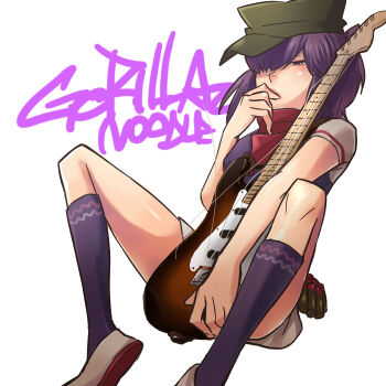 1girl ammunition_belt bandana bandana_around_neck between_legs broken broken_string character_name commentary copyright_name curled_fingers electric_guitar field_cap gorillaz graffiti green_hat grey_shoes grey_shorts guitar hair_over_one_eye hand_to_own_mouth hat holding holding_guitar holding_instrument instrument kneehighs knees_up long_bangs looking_at_viewer narrowed_eyes noodle_(gorillaz) purple_eyes purple_hair purple_shirt purple_socks raglan_sleeves red_bandana red_trim rok_(roots6) shirt shoes short_hair short_shorts short_sleeves shorts simple_background socks solo spread_legs swept_bangs t-shirt white_background white_shirt
