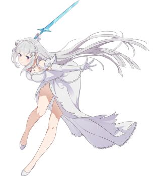1girl bare_legs bare_shoulders braid breasts cleavage crown_braid crystal_sword detached_sleeves dress elf emilia_(re:zero) flower full_body gloves hair_flower hair_ornament hair_ribbon highres holding holding_weapon jewelry leaning_forward long_hair long_sleeves looking_at_viewer medium_breasts nanatsu_no_taizai nanatsu_no_taizai_grand_cross necklace off-shoulder_dress off_shoulder official_alternate_costume official_art outstretched_hand pointy_ears puffy_sleeves purple_eyes purple_ribbon re:zero_kara_hajimeru_isekai_seikatsu ribbon rose shoes smile solo straight_bangs sword torn_clothes torn_dress transparent_background variant_set very_long_hair weapon white_dress white_flower white_gloves white_hair white_rose white_shoes x_hair_ornament