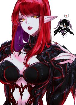 2girls baku_(hachi_van) barefoot black_bodysuit black_hair bodysuit breasts center_opening chibi cleavage colored_sclera commentary_request cropped_torso demon_girl elezen elf final_fantasy final_fantasy_xiv heart highres horns large_breasts light_smile long_hair looking_at_viewer mole multiple_girls navel pale_skin parted_lips pointy_ears red_hair red_lips red_nails red_sclera slit_pupils solo spoken_heart vamp_fatale yellow_eyes