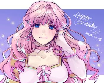 1girl adjusting_hair birthday blue_eyes blunt_bangs blush breasts bug butterfly choker closed_mouth collarbone commentary_request dated dress earrings frilled_choker frills hair_intakes happy_birthday highres insect jewelry kimidori_(kimidoriri) long_hair long_sleeves looking_at_viewer macross macross_frontier medium_breasts pink_choker pink_dress pink_hair pink_ribbon ribbon sheryl_nome single_earring solo sparkle straight-on upper_body wavy_hair