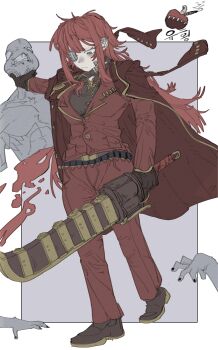 1girl 2others absurdres bisected brown_gloves brown_shoes coat coat_on_shoulders commentary_request cosplay gauze gauze_over_eye gloves gold_trim grey_eyes gunblade highres holding holding_sword holding_weapon jacket korean_commentary lapels lei_heng_(project_moon) lei_heng_(project_moon)_(cosplay) limbus_company multiple_others notched_lapels pants project_moon red_coat red_jacket red_pants shoes stitched_neck stitches sword user_vdfv8273 weapon yuri_(project_moon)