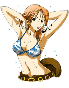 1girl artist_request belt bikini bikini_top_only breasts cleavage covered_erect_nipples female_focus hat looking_at_viewer midriff nami_(one_piece) nami_(one_piece)_(skypiea) navel one_piece orange_hair short_hair simple_background skypiea solo source_request straw_hat swimsuit tattoo wet white_background yellow_eyes