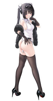 1girl absurdres ass black_eyes black_gloves black_hair black_shoes black_thighhighs blush borrowed_character breasts bun_cover china_dress chinese_clothes cleavage commentary double_bun dress eyewear_on_head full_body gloves hair_bun high_heels highres kuyoumi long_hair looking_at_viewer looking_back mole mole_under_eye open_mouth original patent_heels platform_heels pumps red_soles round_eyewear shoes sideboob simple_background standing stiletto_heels thighhighs white_dress