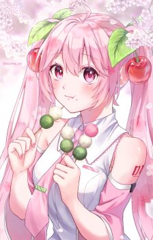 1girl ahoge arm_tattoo azuma_rui blush breasts cherry_blossoms cherry_hair_ornament chewing closed_mouth collared_shirt dango eating food food-themed_hair_ornament hair_between_eyes hair_ornament hatsune_miku highres holding holding_food long_hair looking_at_viewer medium_breasts necktie number_tattoo pink_eyes pink_hair pink_nails pink_necktie pink_sleeves sakura_miku sanshoku_dango shirt sleeveless sleeveless_shirt solo sweat tattoo twitter_username upper_body very_long_hair vocaloid wagashi white_shirt