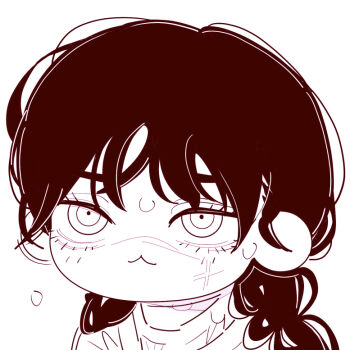 1girl :3 chainsaw_man chibi chibi_only closed_mouth deer60868637 facial_scar long_hair monochrome scar scar_on_cheek scar_on_face scar_on_nose solo sweat yoru_(chainsaw_man)