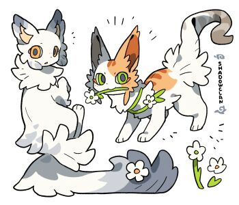 animal animal_focus cat chinese_commentary colored_eyelashes commentary_request english_text flower fluffy full_body green_eyes highres looking_at_viewer millet626 mouth_hold no_humans orange_fur original plant simple_background sitting standing tabby_cat thick_lineart vines warrior_cats white_background white_cat white_flower white_fur yellow_eyes