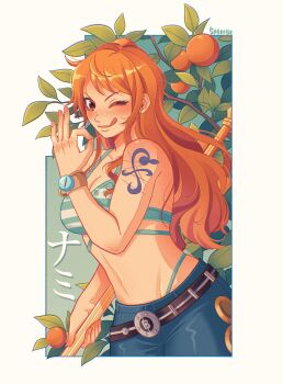 Rule 34 | 1girl, ;q, absurdres, artist name, bangle, bare shoulders, belt, bikini, bikini top only, bikini under clothes, blue pants, blush, bracelet, breasts, brown eyes, character name, cleavage, clima-tact, closed mouth, commentary, cowboy shot, denim, food, fruit, green bikini, highleg, highleg bikini, highres, jeans, jewelry, large breasts, log pose, long hair, looking at viewer, mandarin orange, money gesture, nami (one piece), navel, one eye closed, one piece, orange hair, orange tree, outside border, pants, saterise, scar, scar on shoulder, shoulder tattoo, single sidelock, smile, solo, stomach, swimsuit, tattoo, tongue, tongue out, wavy hair