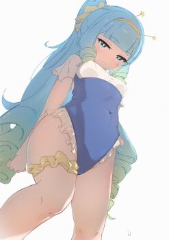 1girl :| absurdres blue_eyes blue_hair blunt_bangs blush braid breasts cameltoe closed_mouth commentary covered_navel drill_hair drill_ponytail drill_sidelocks english_commentary feet_out_of_frame frilled_one-piece_swimsuit frilled_thigh_strap frills from_below gradient_hair green_hair groin hair_ornament hair_scrunchie hairband hdukl highleg highleg_one-piece_swimsuit highres hip_focus jelly_hoshiumi jitome knees light_blush light_frown long_hair looking_at_viewer looking_down multicolored_hair official_alternate_costume one-piece_swimsuit phase_connect scrunchie see-through_frills sidelighting sidelocks signature simple_background small_breasts solo swimsuit thigh_strap thighs underbust very_long_hair virtual_youtuber white_background yellow_hairband yellow_scrunchie