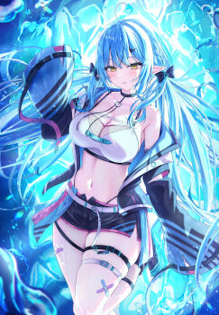 1girl absurdres asymmetrical_legwear bandaid bandaid_on_leg belt black_choker black_hat black_jacket black_shorts blue_hair braid breasts choker cleavage commentary_request double-parted_bangs elf hair_between_eyes hat highres hololive jacket large_breasts long_hair long_sleeves looking_at_viewer low_twintails navel official_alternate_costume open_clothes open_jacket parted_lips pointy_ears short_shorts shorts side_braids sleeves_past_fingers sleeves_past_wrists solo stomach takotakochan_1006 thigh_strap thighs twintails uneven_legwear very_long_hair virtual_youtuber white_belt wide_sleeves yellow_eyes yukihana_lamy yukihana_lamy_(cyber)