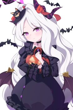 1girl absurdres ahoge black_dress black_halo blue_archive bluetea1024 blush breasts demon_girl demon_horns demon_wings dress halloween halo highres hina_(blue_archive) horns long_hair looking_at_viewer low_wings purple_eyes small_breasts solo standing very_long_hair white_hair wings