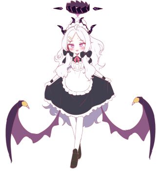1girl absurdres ahoge apron black_halo blue_archive blush breasts commentary_request demon_girl demon_horns demon_wings full_body halo highres hina_(blue_archive) horns korean_commentary long_hair looking_at_viewer low_wings maid_apron maid_headdress open_mouth purple_eyes rocktide small_breasts solo standing very_long_hair white_background white_hair wings