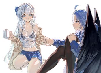 Rule 34 | 2girls, absurdres, ahoge, angel wings, artist request, bare shoulders, black thighhighs, black wings, blue eyes, blue hair, blue shorts, breasts, brown jacket, camisole, cleavage, closed mouth, collarbone, commentary request, commission, cup, dan seolhwa, dot nose, erikon (eruge), eyebrows hidden by hair, frown, hair between eyes, hand on another's hand, hand on own knee, highres, holding, holding cup, holding hands, jacket, kneeling, korean commentary, large breasts, long hair, looking at another, mug, multiple girls, navel, open clothes, open jacket, open mouth, original, outstretched hand, parted bangs, shorts, sitting, smile, thighhighs, very long hair, white background, white camisole, white hair, wings